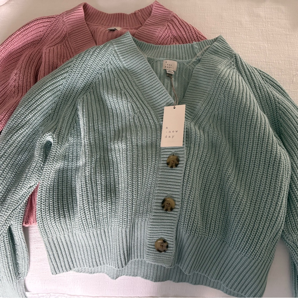 Target A New Day Teal and Pink Button-Up Women's Slightly Cropped Sweaters